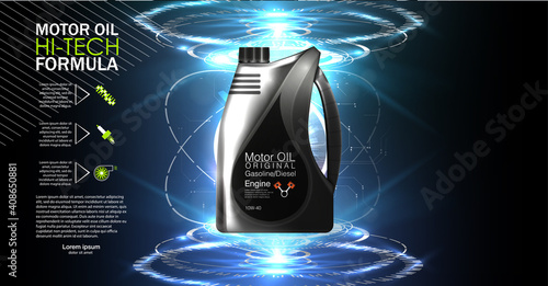 oil background, vector illustration Bottle engine oil Canister of engine motor oil, full synthetic clinging molecules protection. Vector illustration with realistic canister and motor oil splashes