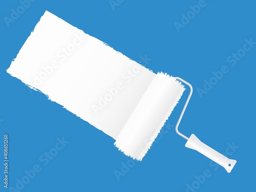 Paint roller dye in white blue background template. Round banner paint brush draws wide strip repainting wall in new color decorative renovation with vector advertising.