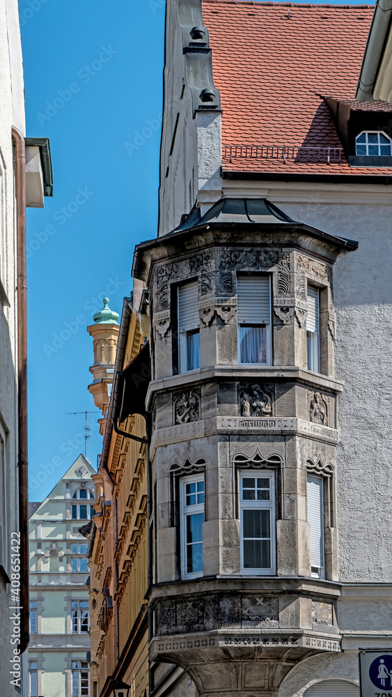 Beautiful architecture displayed in turreted corner windows in Regensburg Germany