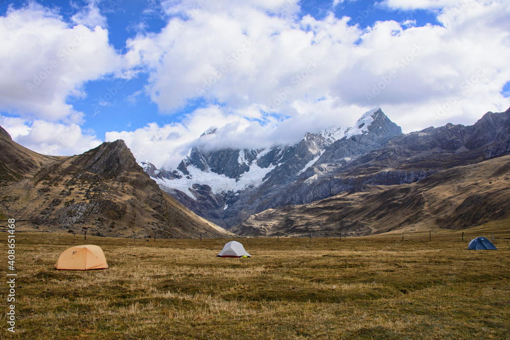 Breathtaking view at the Janca (Mitacocha) campsite, Cordillera Huayhuash circuit, Ancash, Peru