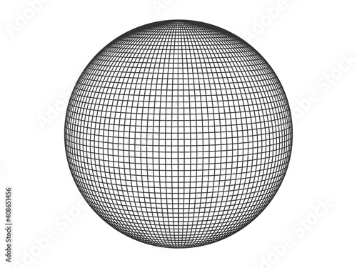 Sphere with geometric grid. Monochrome ball covered with linear squares digital planet mesh black meridians connected in force vector field.