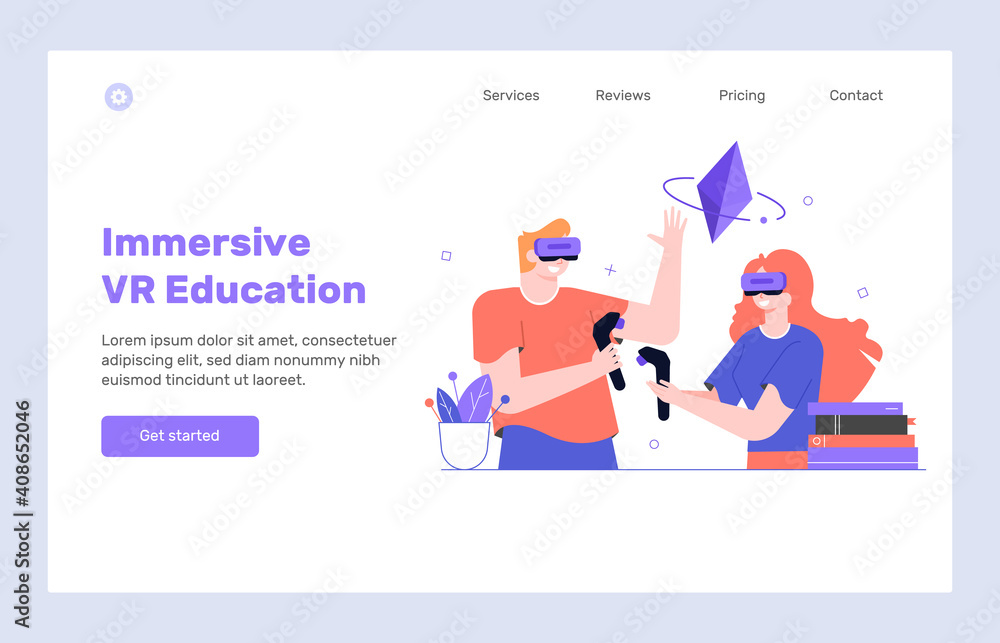 Landing page design concept Immersive VR Education. Characters in virtual reality glasses with controllers. Getting new knowledge online. Vector flat illustration.