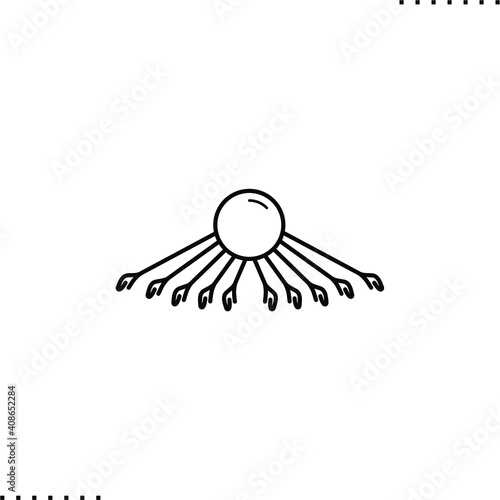 Egyptian sun god with the rays with stylized hands. Symbol of the ankh vector icon in outline