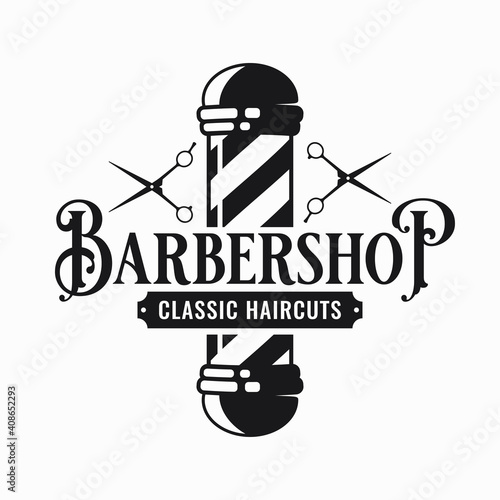 Barber shop logo with barber scissors and pole