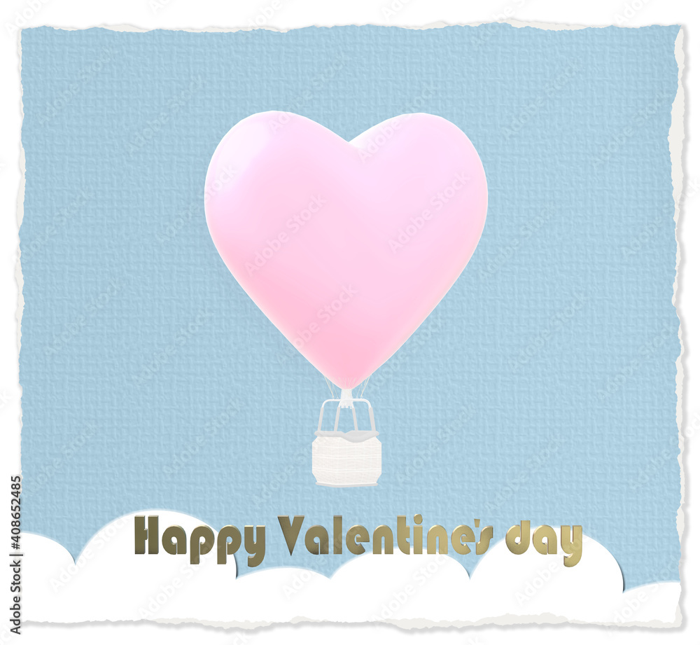 Love Valentine's card air heart balloon on blue pastel background. Valentines cute card. Gold text Happy Valentine's day, 3D illustration