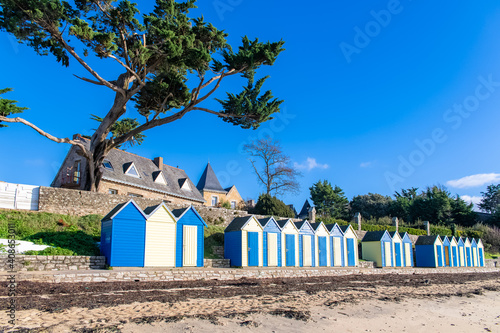 Ile-aux-Moines, France, bathing huts on the beach 