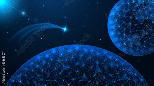 Planet earth, a view from another planet. A flying star in outer space. Polygonal construction of concatenated lines and points. Blue background.