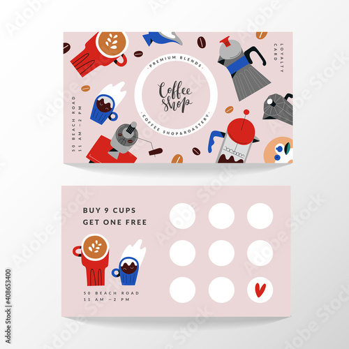 Coffee shop card, loyalty card template for cafe or coffee shop. Place for stamps. Layout with hand drawn illustrations of coffee mugs and brewing tools