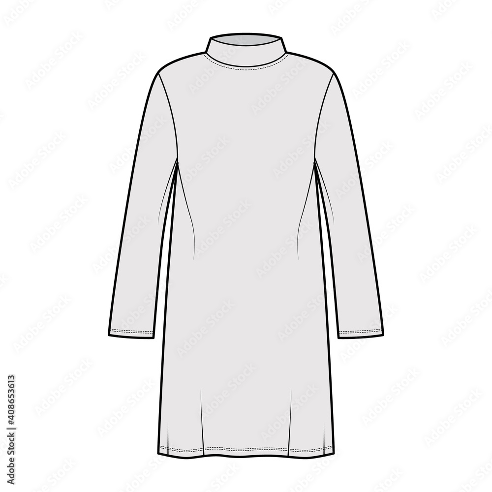 Tunic sweater technical fashion illustration with stand-away collar, long sleeves, oversized, knee length. Flat modest shirt apparel top template front, grey color. Women men unisex CAD mockup Tunic sweater technical fashion illustration with stand-away collar, long sleeves, oversized, knee length. Flat modest shirt apparel top template front, grey color. Women men unisex CAD mockup