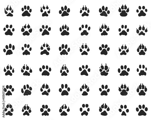 Black print of paw of dogs and cats  on a white background 