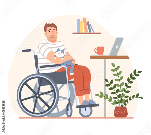 Young disabled person in wheelchair with cat and laptop on workplace. Cartoon handicapped man character takes a break from distant work from home. Flat people disability concept vector illustration.