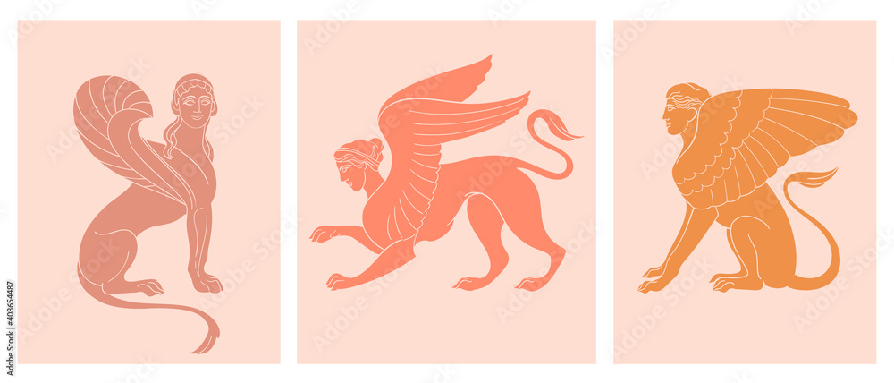 Abstract contemporary aesthetic backgrounds set with classic marble sphinx statue in modern style. Boho wall decor. Minimalist art print. Antique greek sculpture. Ancient mythology tale. Abstract contemporary aesthetic backgrounds set with classic marble sphinx statue in modern style. Boho wall decor. Minimalist art print. Antique greek sculpture. Ancient mythology tale.
