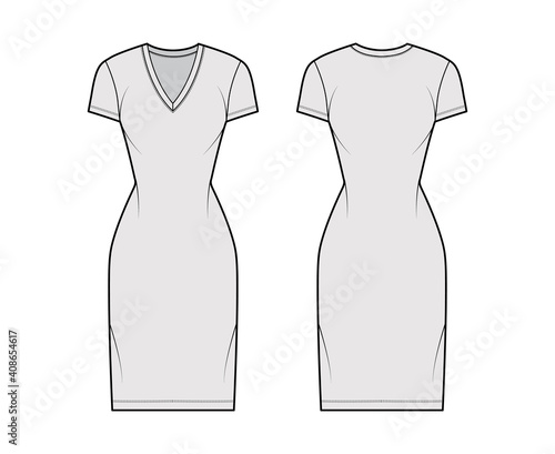 T-shirt dress technical fashion illustration with V-neck, short sleeves, knee length, fitted body, Pencil fullness. Flat apparel template front, back, grey color. Women, men, unisex CAD mockup