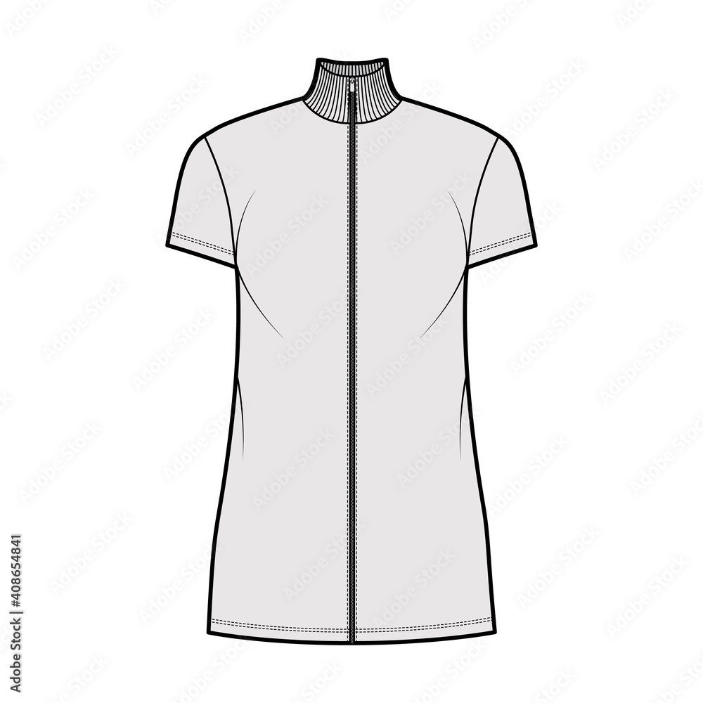 Turtleneck zip-up dress technical fashion illustration with short sleeves, mini length, oversized body, Pencil fullness. Flat apparel template front, grey color. Women, men, unisex CAD mockup Turtleneck zip-up dress technical fashion illustration with short sleeves, mini length, oversized body, Pencil fullness. Flat apparel template front, grey color. Women, men, unisex CAD mockup