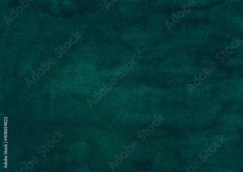 Watercolor deep green liquid background painting. Abstract dark spruce color grunge backdrop. Stains on paper.