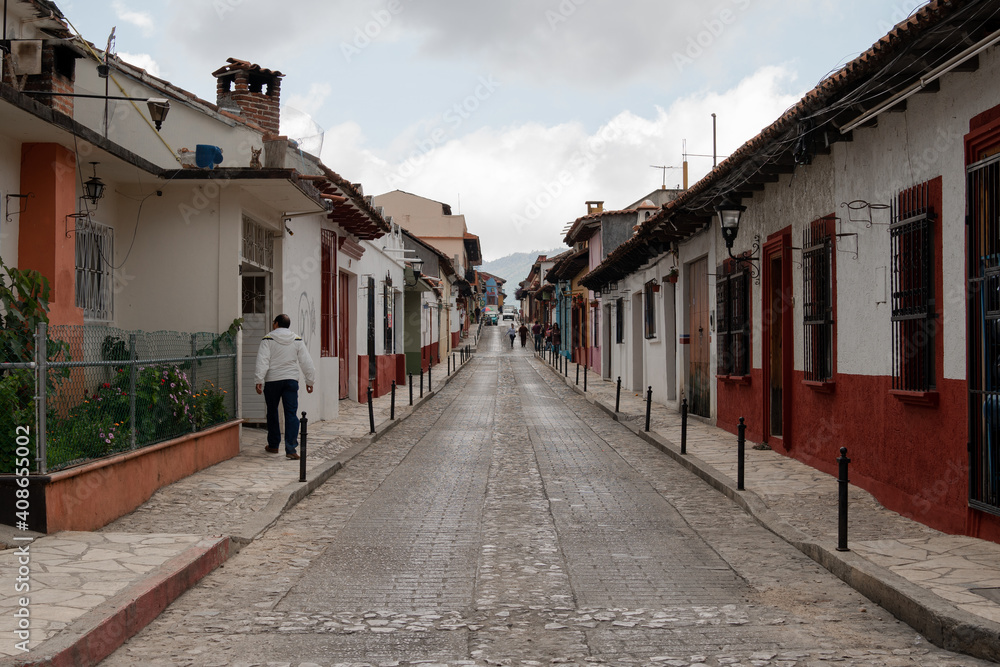 narrow street in the town of San Cristobal, Mexico