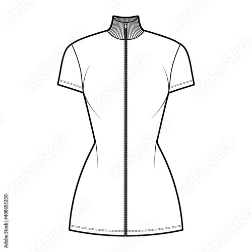 Turtleneck zip-up dress technical fashion illustration with short sleeves, mini length, fitted body, Pencil fullness. Flat apparel template front, white color. Women, men unisex CAD mockup