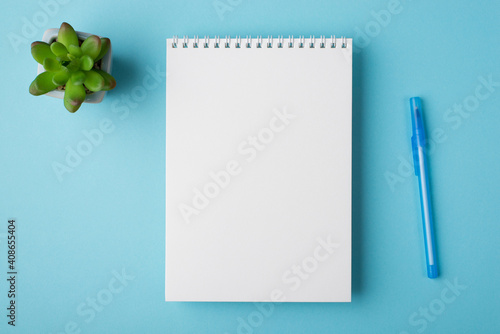 Flat lay above layout overhead view photo of clear spiral copybook for college university highschool isolated over light color desk backdrop