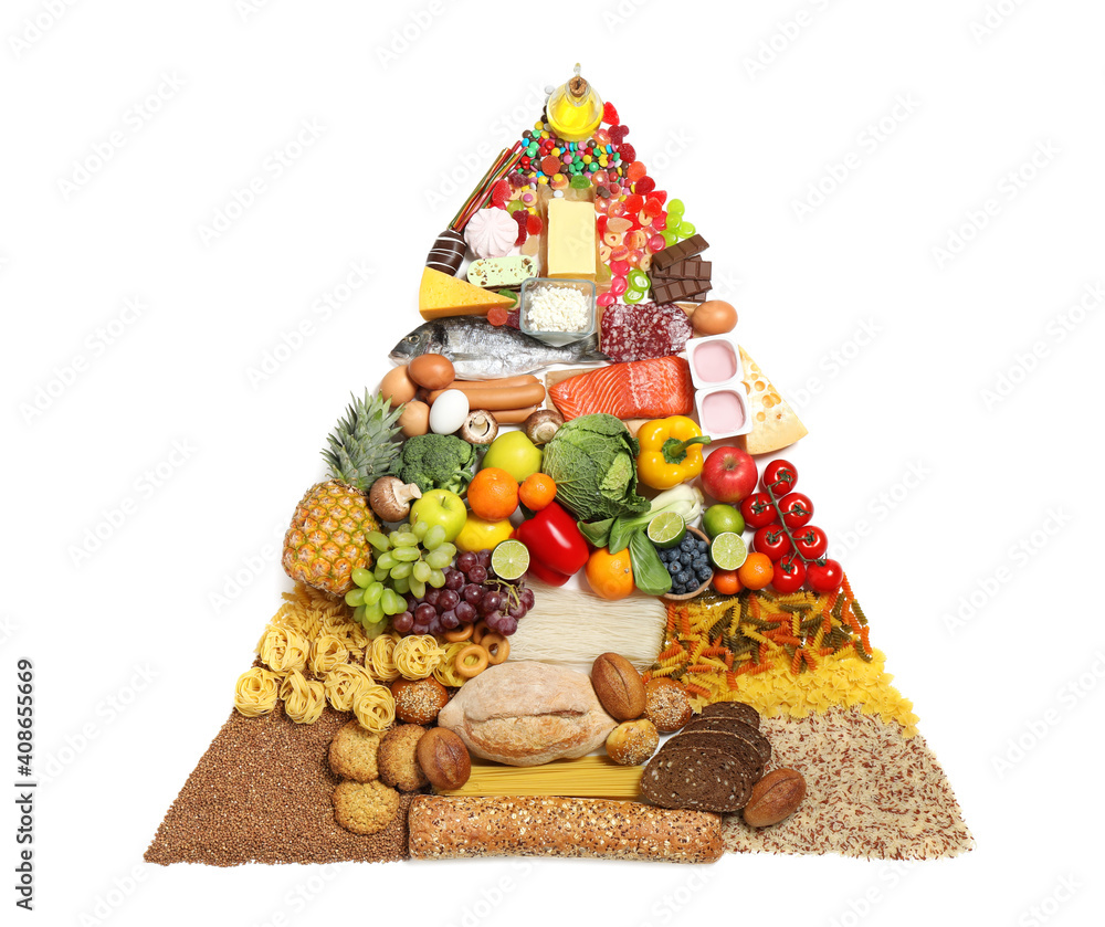 Food pyramid on white background, top view. Healthy balanced diet