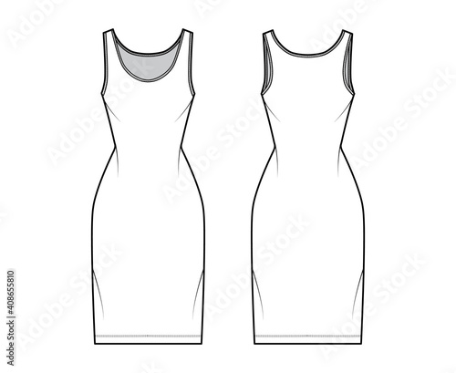 Tank dress technical fashion illustration with scoop neck, straps, knee length, fitted body, Pencil fullness. Flat apparel template front, back, white color. Women, men, unisex CAD mockup