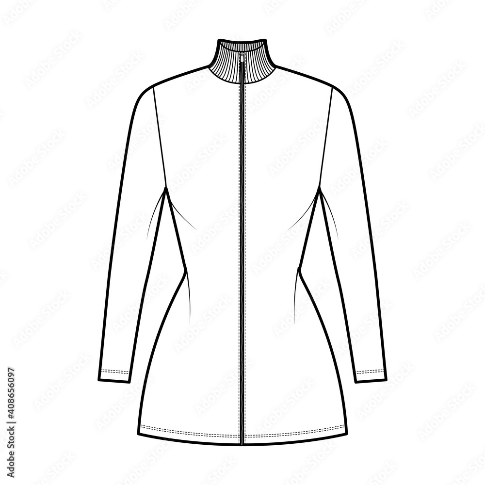 Turtleneck zip-up dress technical fashion illustration with short sleeves, mini length, fitted body, Pencil fullness. Flat apparel template front, white color. Women, men unisex CAD mockup Turtleneck zip-up dress technical fashion illustration with short sleeves, mini length, fitted body, Pencil fullness. Flat apparel template front, white color. Women, men unisex CAD mockup