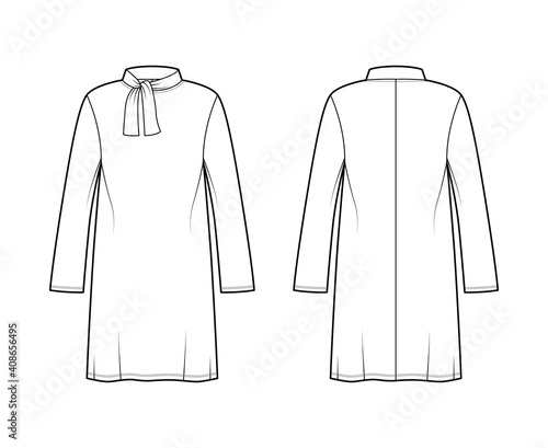 Tunic sweater technical fashion illustration with tie stand-away collar, long sleeves, oversized, knee length. Flat modest shirt apparel top template front, back, white color. Women unisex CAD mockup