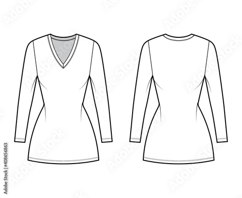 T-shirt dress technical fashion illustration with V-neck, long sleeves, mini length, fitted body, Pencil fullness. Flat apparel template front, back, white color. Women, men, unisex CAD mockup