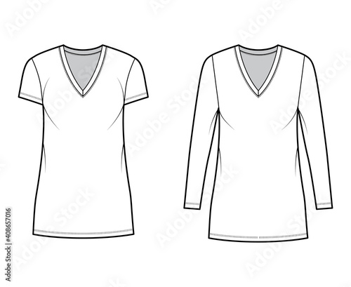 T-shirt dress technical fashion illustration with V-neck, long, short sleeves, mini length, oversized body, Pencil fullness. Flat apparel template front, white color. Women, men, unisex CAD mockup