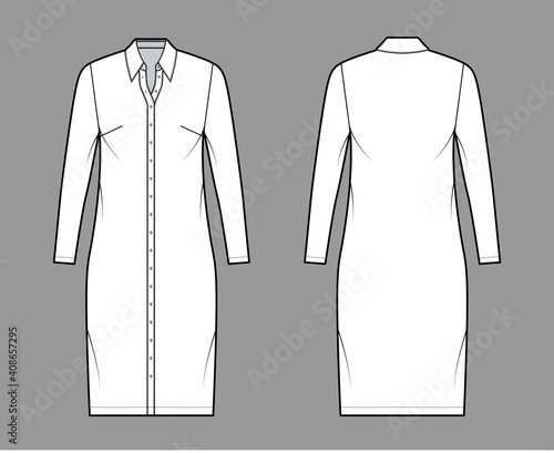 Shirt dress technical fashion illustration with classic regular collar, knee length, oversized, Pencil fullness, button up. Flat apparel template front, back, white color. Women, men unisex CAD mockup