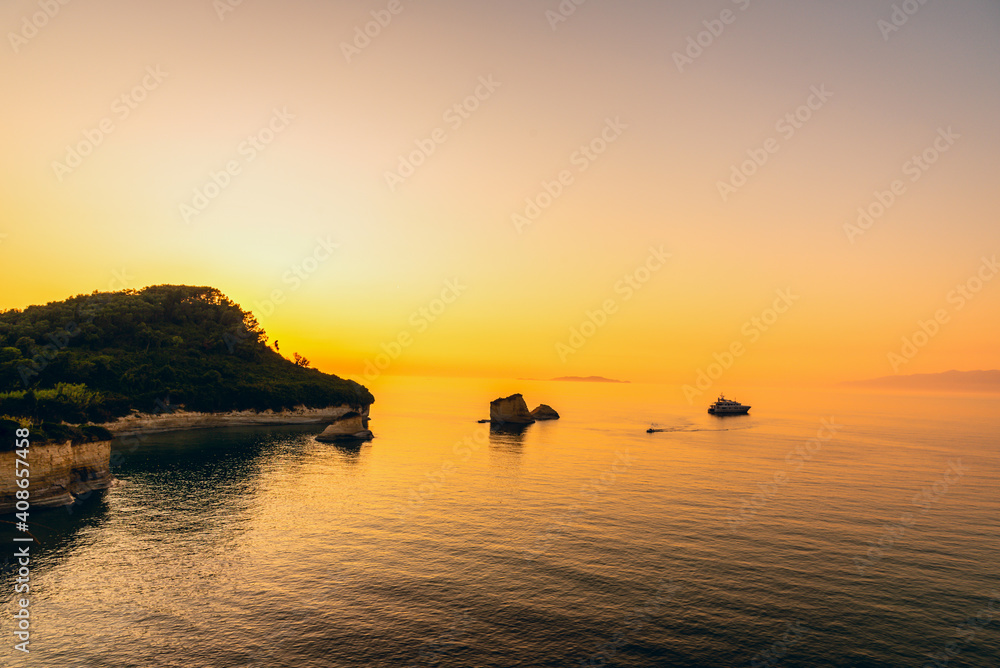 Golden sunset over Corfu Island, Sidari,  Rocks of Canal d'Amour