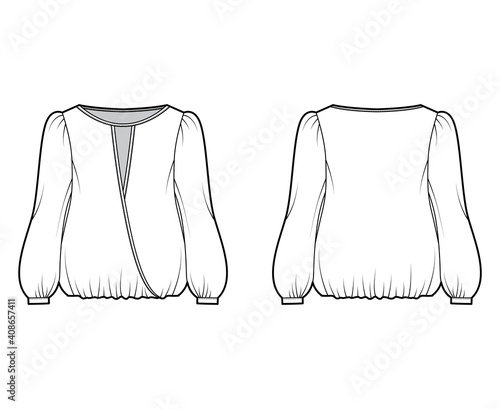 Surplice blouse technical fashion illustration with bouffant long sleeves, gathered hem, wide wrap scoop neck, oversized. Flat shirt apparel top template front, back, white color. Women men CAD mockup