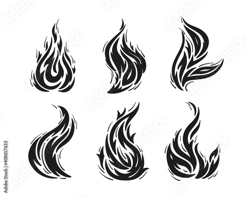 Vector Set of Fire Flame Silhouettes. Black and White Fire Flames Tattoo Icons Drawing
