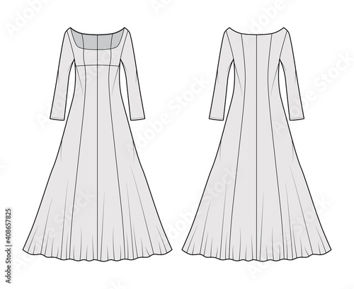 Dress evening technical fashion illustration with scoop neck, maxi floor length, fitted body, circular fullness, long sleeves. Flat apparel template front, back, grey color. Women, unisex CAD mockup