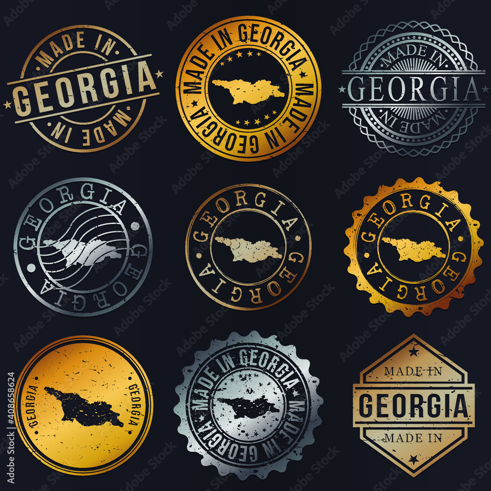 Georgia Map Metal Stamps. Gold Made In Product Seal. National Logo Icon. Symbol Design Insignia Country.