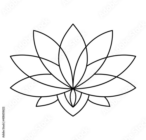 Lotus icon. Monochrome blooming flower. Hand drawn lotos flower illustration isolated on white background. Black linear petals of plant in coloring style