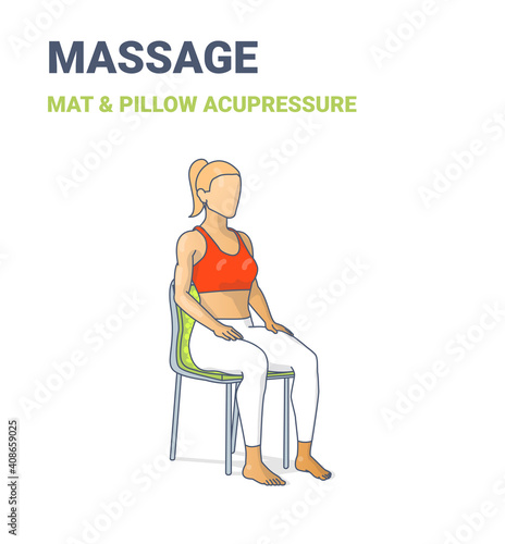 Female siting on chair on an acupressure mat. Concept of a woman relaxing at home on a massage mat.