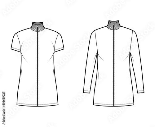 Turtleneck zip-up dress technical fashion illustration with long, short sleeves, mini length, oversized body, Pencil fullness. Flat apparel template front, white color. Women, men, unisex CAD mockup