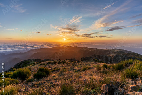 Sunrise on the mountain peak Pico do Arieiro of Madeira Island