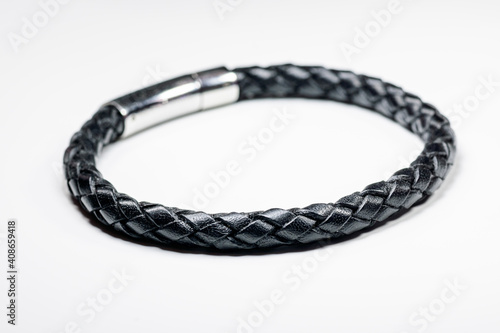 Men's bracelet, silver, black, leather, on a white background. Gift for Valentine's Day, Father's day, Wedding Day and Birthday.