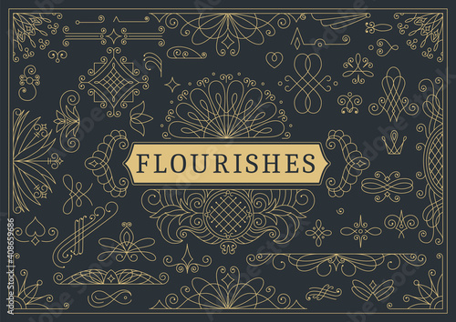 Flourishes calligraphic vintage ornamental background. Golden ornate page with swirls and vignettes elements. Frame design template. Vector restaurant menu or royalty certificate