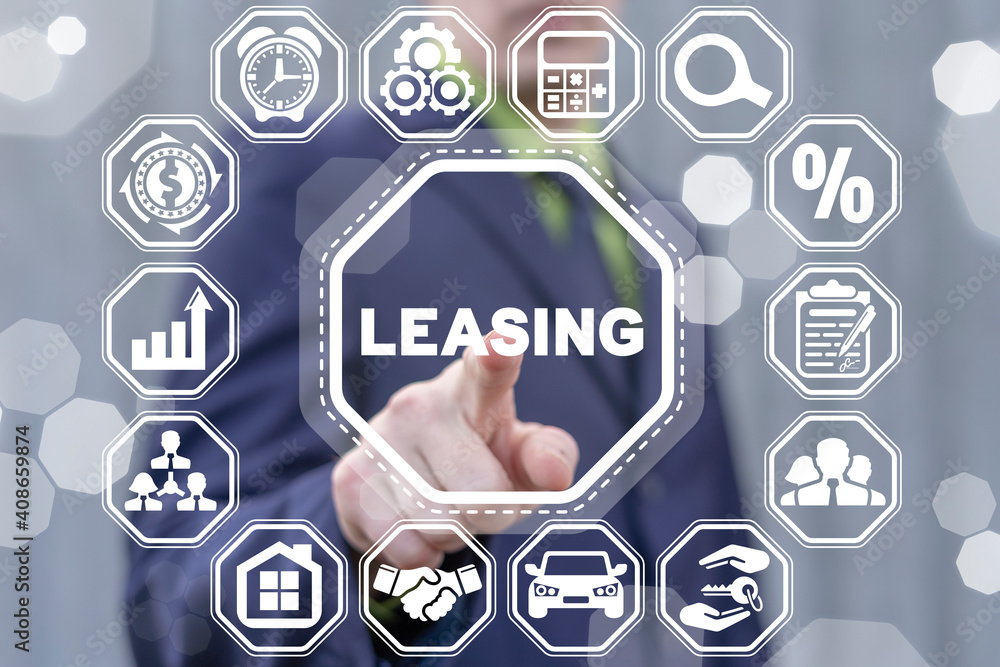 Leasing business concept. Agreement between lessee and lessor over the rent of an asset as car, vehicle, land, real estate or equipment, or buy. - obrazy, fototapety, plakaty 