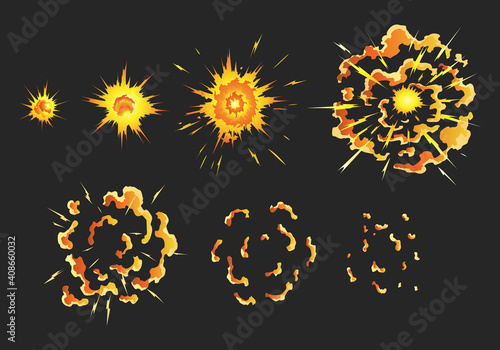 Animation for game of the explosion effect in separate frames. Cartoon animation for game. Exploding effect frames. Hand drawn vector illustration