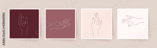 Set of female hands in minimal linear style. Modern single line art. Vector illustration.