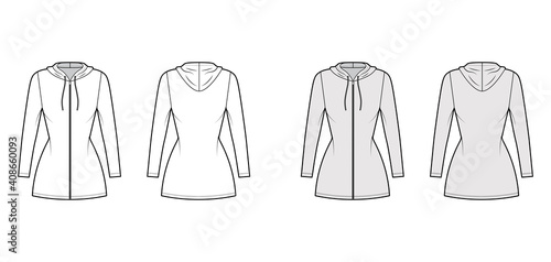 Hoodie zip-up dress technical fashion illustration with long sleeves, mini length, fitted body, Pencil fullness. Flat apparel template front, back, white, grey color. Women, men, unisex CAD mockup