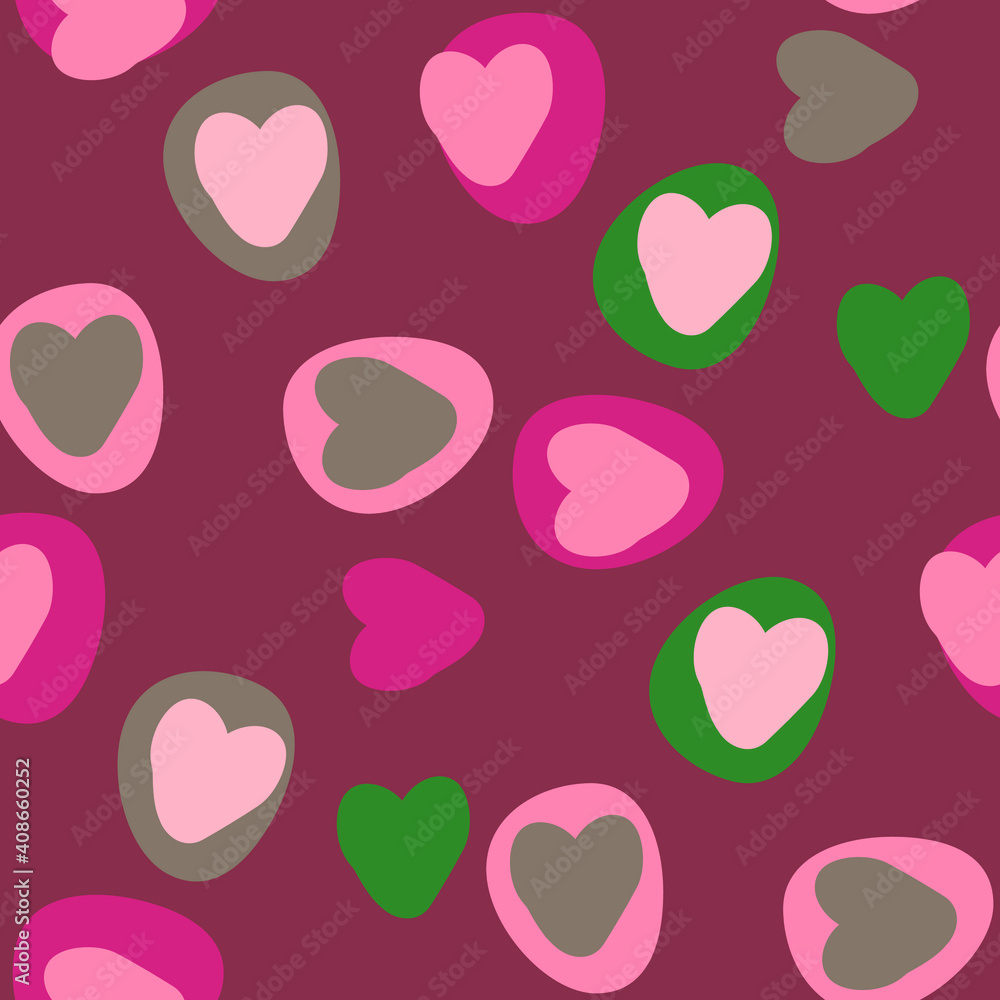 Pretty heart flat design seamless repeating background in purple, pink and green colors Pretty heart flat design seamless repeating background in purple, pink and green colors