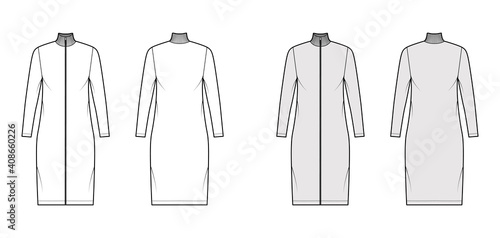 Turtleneck zip-up dress technical fashion illustration with long sleeves, knee length, oversized body, Pencil fullness. Flat apparel template front, back, white grey color. Women men unisex CAD mockup