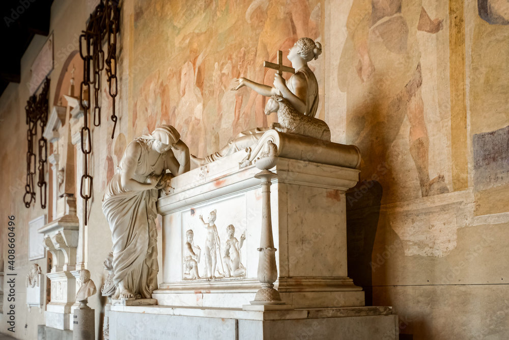 Ταπετσαρία Statues memorialize the dead in the ancient tomb and cemetery of Camposanto Monu