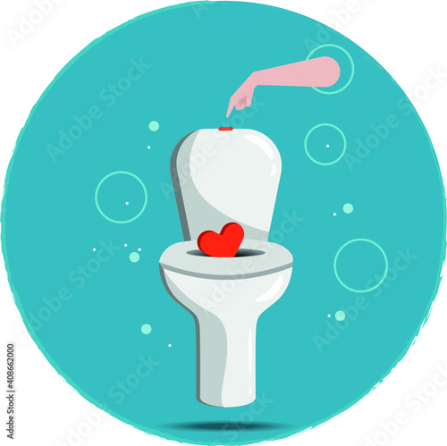 Heart flushed down the toilet valentines day poster label web graphic flat style 