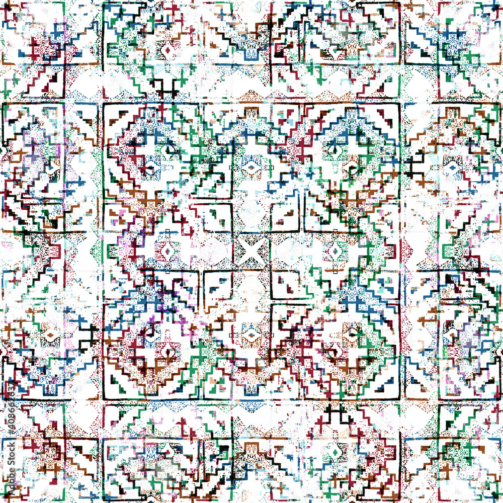 Geometric Circular kilim ikat pattern with grunge texture
