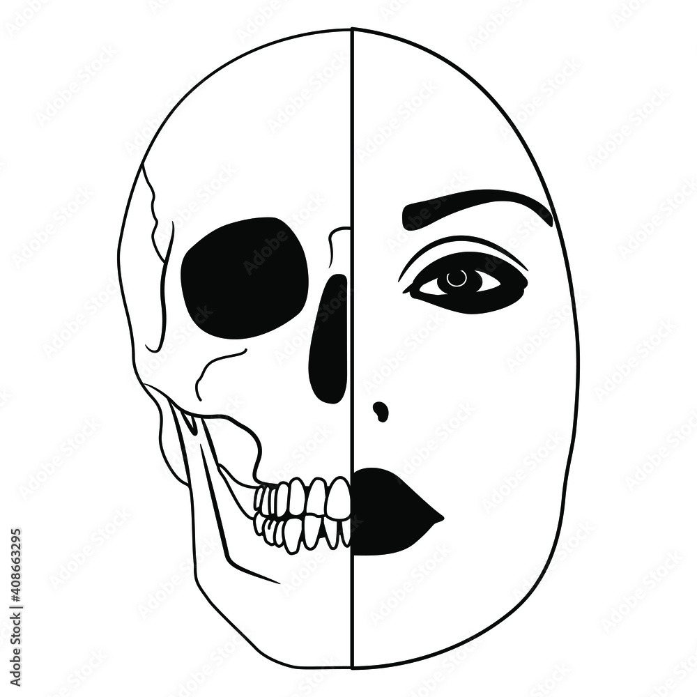 Beautiful female face half skull. Dead and alive. Juxtaposition of life